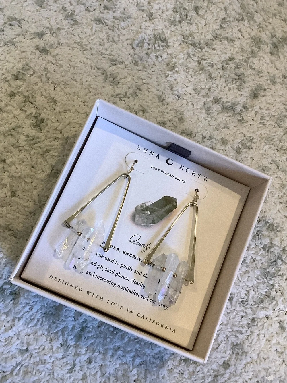 Luna Norte Clear Quartz Crystal Cluster Drop Earrings 14kt plated brass NWT box - Picture 7 of 12